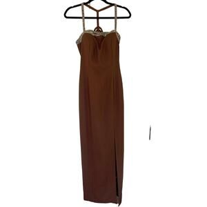 Vintage Sterling by Stone Ferris Brown Maxi Dress 8 Gown Formal Rhinestones Slit